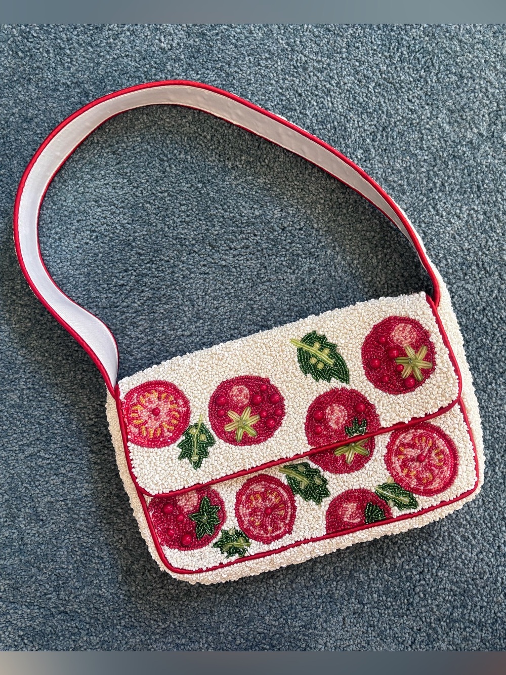 T.J.Maxx Cream Beaded Tomato Motif Shoulder Bag with Pink Strap